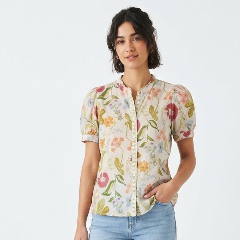 Spartina 449 Jazmine Button Up Top Womens XL Cream Lightner Garden Puff Sleeve